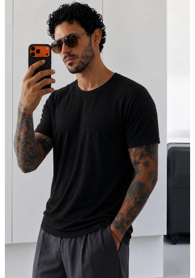 Tarz Cool Erkek Flamlı Pamuklu Bisiklet Yaka Basic Slim Fit Tişört Yazlık Günlük Şık Tişört Siyah
