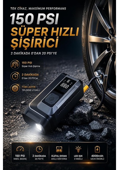 Q16b Akü Takviye Cihazı 18000mah, 150 Psı Hava Kompresörü, Jump Starter Powerbank, Led Fenerli Dijital Ekranlı Last