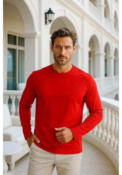 Rich Erkek Uzun Kollu Bisiklet Yaka Tişört - %100 Pamuk Basic Relaxed T-shirt Kirmizi