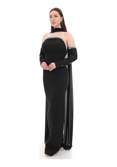 Berneva Siyah İnci Detaylı Choker Yakalı Tül Pelerinli Eldiven Kollu Abiye Beyaz
