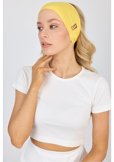 Beyaz Kısa Kol Bisiklet Yaka Vücuda Oturan Kaşkorse Crop + Bandana Set %100 Pamumklu, Esnek Rahat Sarı