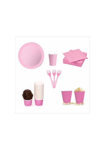 8 Pembe Tabak, 8 Pembe Bardak, 8 Pembe Mısır Kutusu, 10 Pembe Çatal, 10 Pembe Peçete, 10 Cupcake Tüm Yaşlar