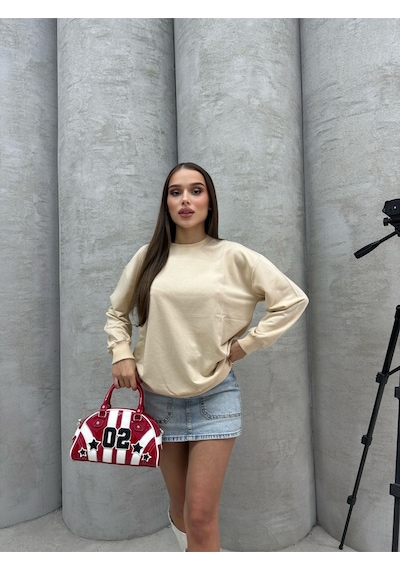 Düz Renk Kadın Sweatshirt Krem
