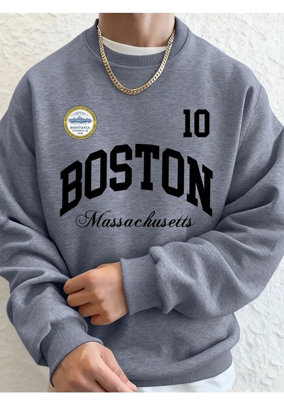 Startmore Tarzsokak Boston Massachusetts Baskılı Erkek Tişörtü Sonbahar Gevşek Kapüşonlu Üst Hip Hop Bisiklet Yak Gri