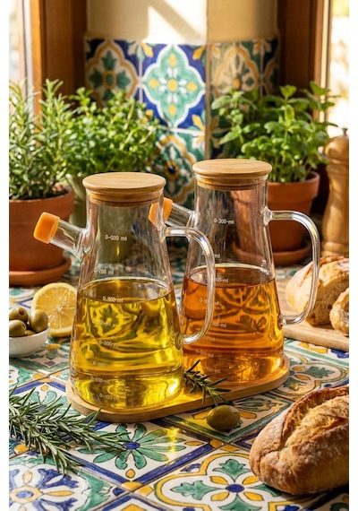 Makri Home 2'li 900 Ml Bambu Kapaklı Ve Altlıklı Borosilikat Cam Yağlık/sirkelik/sosluk Şeffaf