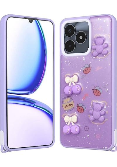Realme C53 Kılıf Parlayan Simli Kabartma Figürlü Zore Cevze Kapak Mor Ayı
