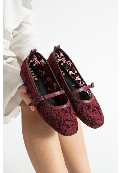 Dabab Shoes Merına Kadın Bordo Düz Babet Dantel Dokuma Çiçek Desenli Tokalı Düz Ayakkabı