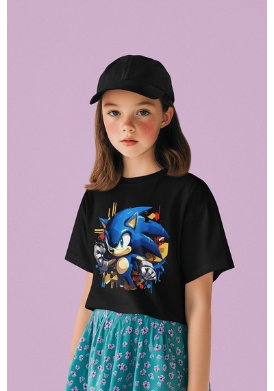 Sevbano Sonic Baskılı Unisex Oyun Çocuk Tişört 1-12 Yaş SIYAH