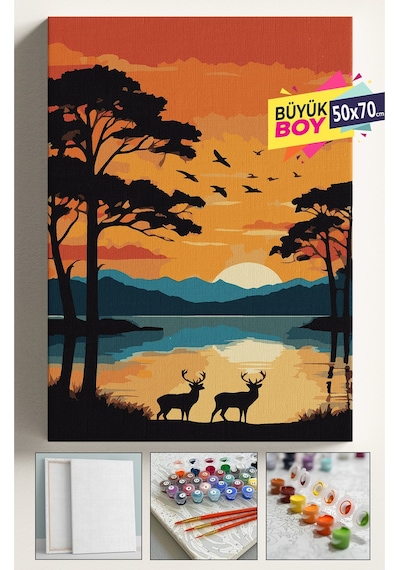 Sayılarla Boyama Seti Numaralı Tuval Fırça Boya Dahil Kasnaklı Set 50x70 Cm - Afrika Geyik