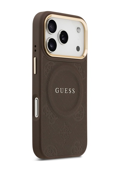 Apple Uyumlu iPhone 17 Pro Kılıf Guess Lisanslı M-safeli Sıcak Baskı Yazı Logolu Pu Deri Peony Kahverengi Kahverengi