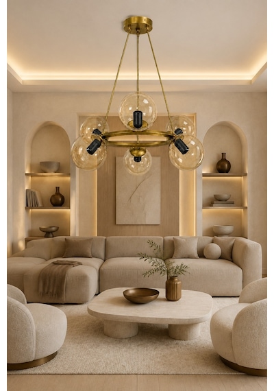 Focus 6'lı Eskitme Bal Rengi Glob Camlı Modern Sarkıt Avize Oturma Odası Salon Eskitme-bal Eskitme-bal