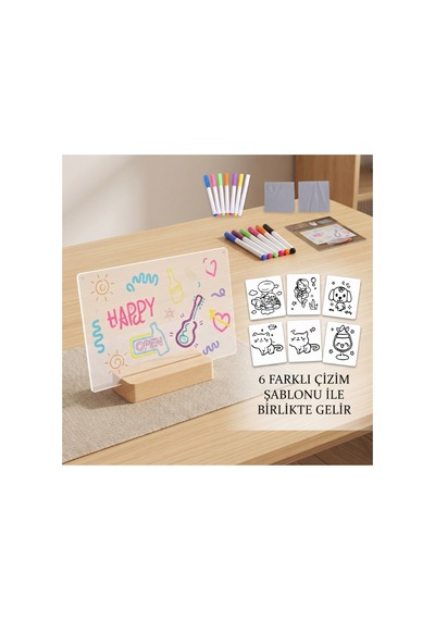 Dıy Led Yazı Panosu - Gece Lambası - 7 Renk Kalem Hediyeli - 6 Çizim Şablonu Şeffaf
