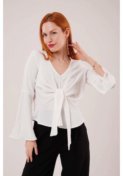 Defymoda Ön Bağlamalı Volan Kol Beyaz Bluz Beyaz