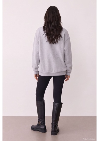 Quzu Baskı Nakış Detaylı Sweatshirt Karmelanj Gri