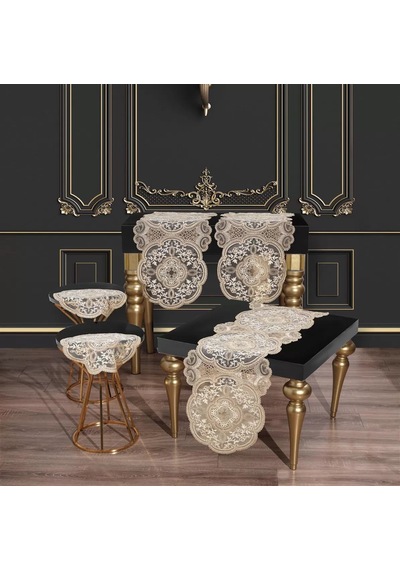 Salon Takımı 5 Parça Dantelli Masa Örtüsü Runner Seti Alya Model - Gold Çok Renkli