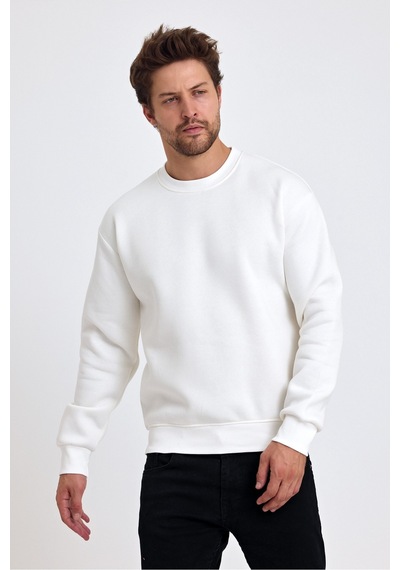 Tarz Cool Erkek Yumuşacık Kumaşlı Regular Fit Yuvarlak Yakalı Sweatshirt Beyaz