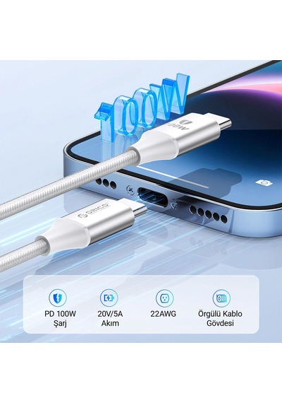 Orico CDX-100CC-WH-BP 100W 5A PD USB-C to USB-C Hızlı Şarj ve Data Kablosu 1 M