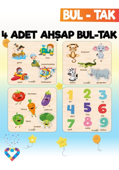 Eğitici 4 Adet Bul-tak Oyuncak Orman Hayvanları, Taşıtlar, Sebzeler Ve Rakamlar