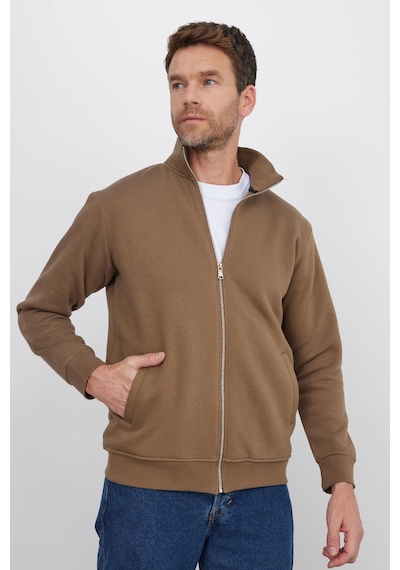 Tudors Unisex Relax Fit Rahat Kesim Pamuklu 3 İplik İçi Polarlı Fermuarlı Kahverengi Cepli Sweatshirt Hırka-41677 Kahverengi