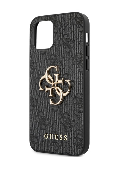 Apple Uyumlu iPhone 12 Pro Max Kılıf Guess Lisanslı Pu Deri Büyük Metal Logo Dizaynlı Kapak Gri