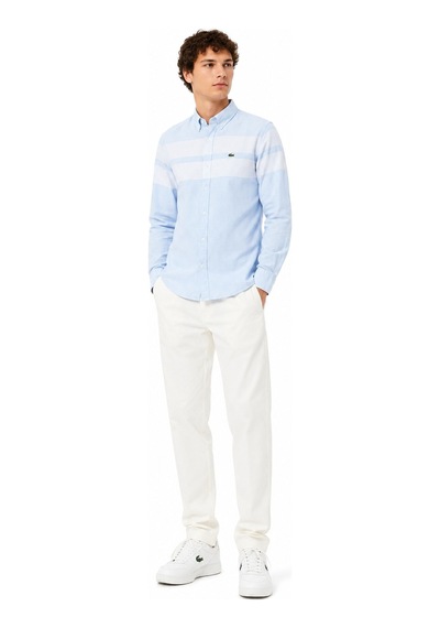 Lacoste Men's Slim Fit Blue Shirt Slim Fit Pamuklu Renk Bloklu Erkek Gömlek Mavi
