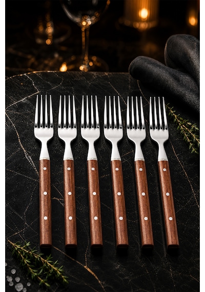 Hand Caft Serisi Mutfak Bıçak Çatal Seti Gül Sap 6'lı Steak Et Kahvaltı Yemek Çatalı Mft-4527