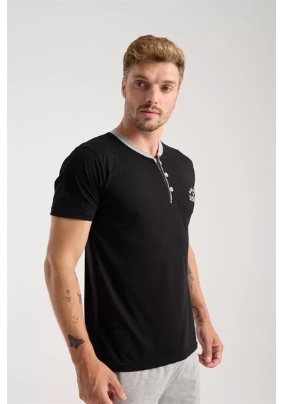Erkek Siyah Düğmeli Yaka Kısa Kol Pijama Takımı