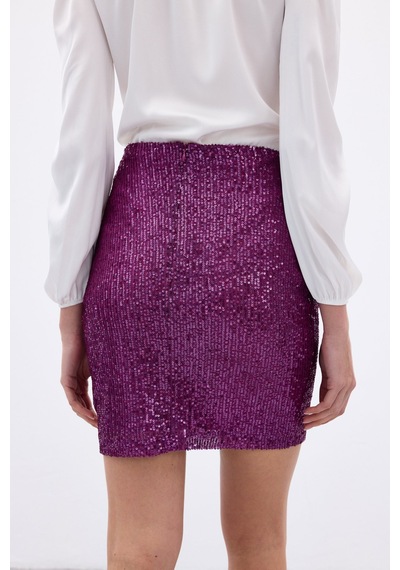 Sateen Payetli Mini Etek - Mürdüm-136651 Mürdüm