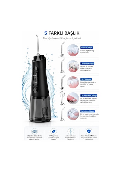 Robeve Auhma Amf11 Şarjlı Ağız Duşu 320ml Su Hazneli 4 Modlu Ipx7 Su Geçirmez Type-c Hızlı Şarjlı 5 Başlıklı Profesyonel Ağız Ve Diş Temizleme Cihazı Siyah