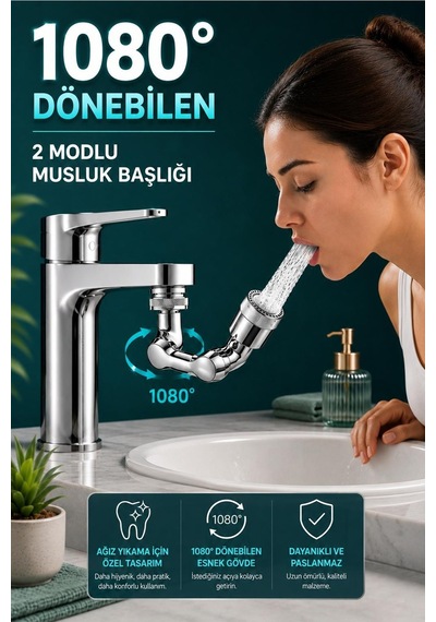 1080 Derece Dönebilen 2 Modlu Mutfak Musluk Başlığı Banyo Musluk Ucu Evrensel Fonksiyonlu Başlık Gümüş