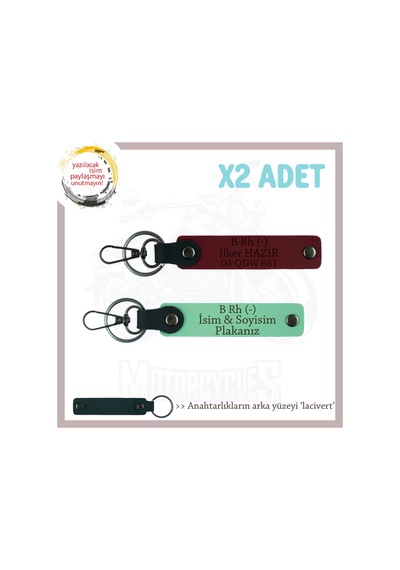 Motorcu Dostlara Özel, İsim Plaka Ve B Rh - Kan Grubu Yazılı X2 Anahtarlık Set, Yeşil-bordo-laci