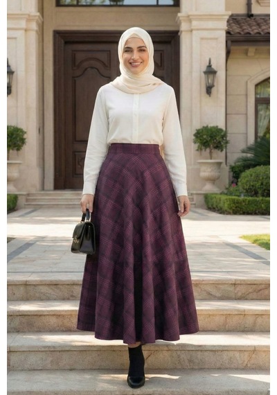 Hb Harma Time Butik Kadın Ekose Kumaş Desenli Bordo Etek Bordo Bordo