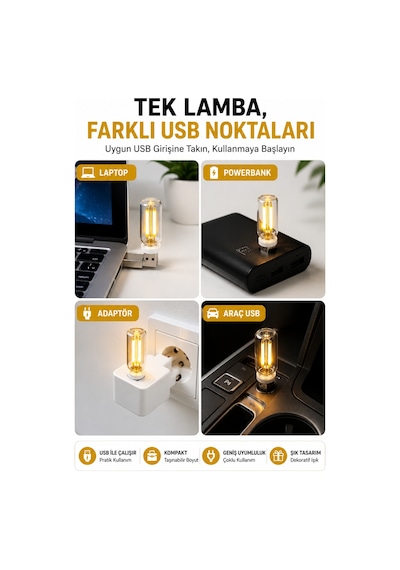 Usb Led Gece Lambası Sarı Işık Dokunmatik Mini Taşınabilir Lamba Laptop Powerbank Araç İçi 6,5 Cm 5v