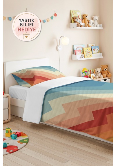 Geometrik Mavi Pastel Genç Odası Tek Kişilik Pike Takımı - Zigzag Turuncu 160x220 Cm Yatak Örtüsü Kabuğu Gölge Tonu