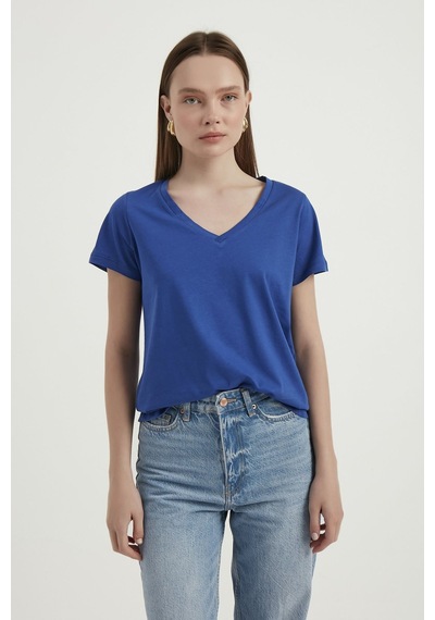 Hiccup V Yaka Temel T-shirt Kobalt Mavisi