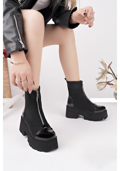 Nesilshoes Nesil Shoes Carel 606 Siyah Rugan Garnili Platform Kadın Bot