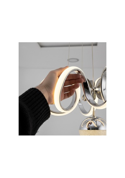 Davin Modern Krom Led Avize Spiral Halka Tasarım, Cam Küre Detaylı Lüks Sarkıt Avize Gümüş Gümüş