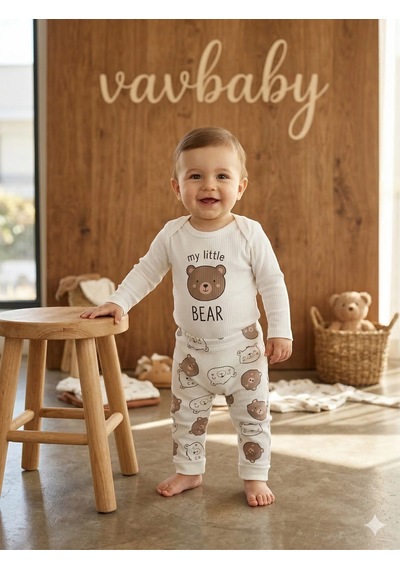 Vavbaby 2li Desenli %100 Pamuklu Kız Bebek Body Pantolon Takım-ayıcık Kahverengi