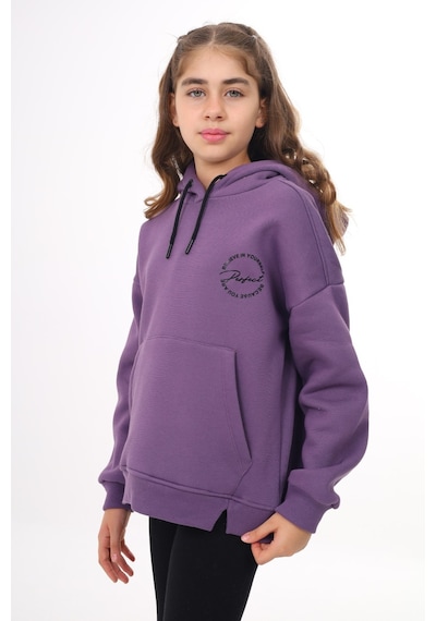 Kız Çocuk Oversize Kapüşonlu Cepli Düşük Omuz Baskılı Yırtmaçlı Sweatshirt - 3 İplik Şardonlu Mor Kız Çocuk Oversize Kapüşonlu Cepli Düşük Omuz Baskılı Yırtmaçlı Sweatshirt - 3 İplik Şardonlu Mor