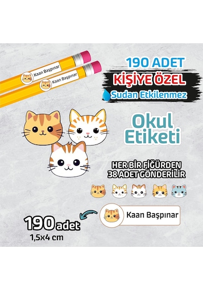 Okul Etiketi Isme Özel Kalem Defter Etiketi Sevimli Kediler -190 Adet Çok Renkli