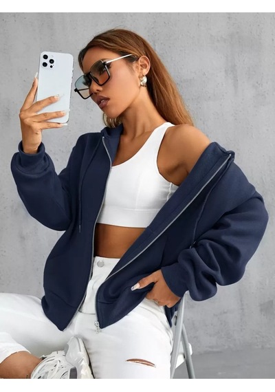Uyguntarz Unisex Lacivert Fermuarlı Kapüşonlu Sweatshirt