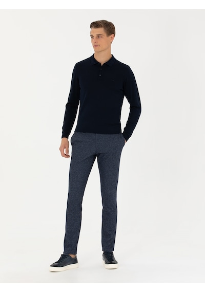 Cacharel Lacivert Ex. Slim Fit Yün Kaşmir Karışımlı Beli Bağcıklı Çizgili Kumaş Pantolon
