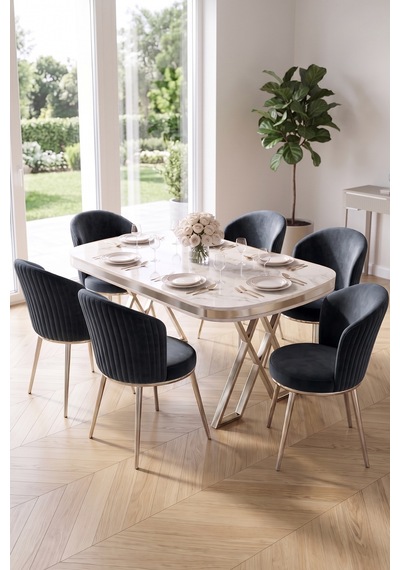 Nisare Serisi 90x168 Lak Panel Beyaz Mermer Masa Takımı Krom Ayaklı 6 Sandalye Beyaz Mermer Masa Antrasit Sandalye Krom Ayak Nisare Serisi 90x168 Lak Panel Beyaz Mermer Masa Takımı Krom Ayaklı 6 Sandalye Beyaz Mermer Masa Antrasit Sandalye Krom Ayak