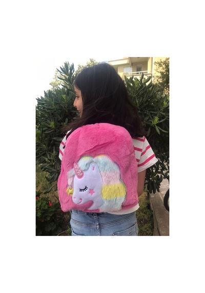 Unicorn Desenli Peluş Sırt Çantası Açık Pembe Çok Renkli