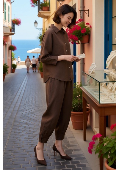Benerly Kadın Büyük Beden Oversize Gömlek Yaka Uzun Kol Bol Paça Pantolon Kahverengi