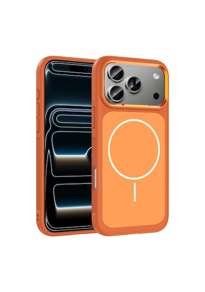 Apple Uyumlu iPhone 17 Pro Max Kılıf M-safe Şarj Özellikli Metal Kamera Çerçeveli Sanremo Silikon Kılıf Turuncu