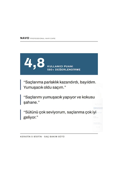 Navo Keratin & Biotin Kolay Tarama  Isı Koruyucu Onarıcı ve Elektriklenme Karşıtı Saç Bakım Sütü 250 ML