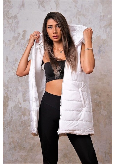 Veraura Lifestyle Beyaz Kapüşonlu Cepli Kolsuz Şişme Yelek