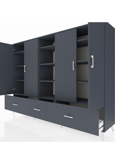 Hyperion Dolap 12 Raflı 3 Çekmeceli 4 Kapaklı 220x44x163 Antrasit Antrasit-antrasit