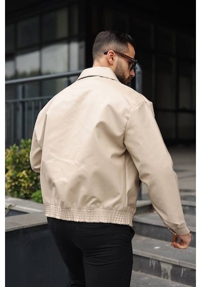 Yeni Sezon Dokulu Oversize Bol Kalıp Bomber Ceket Krem Karbon Deri